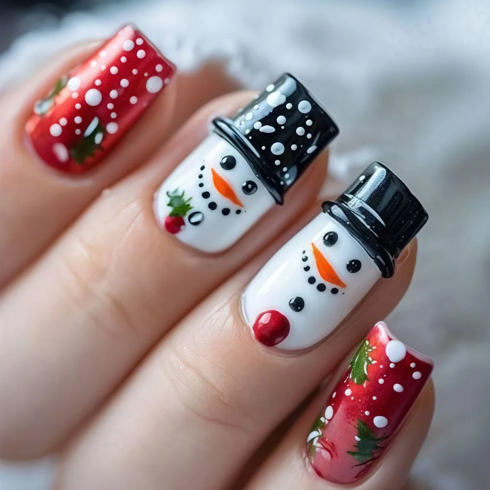 24개/세트 크리스마스 파티용 중간 크기 인조 손톱, 눈사람 선물, 눈송이, 산타클로스, 사각 아몬드 팁, 프레스온 네일아트