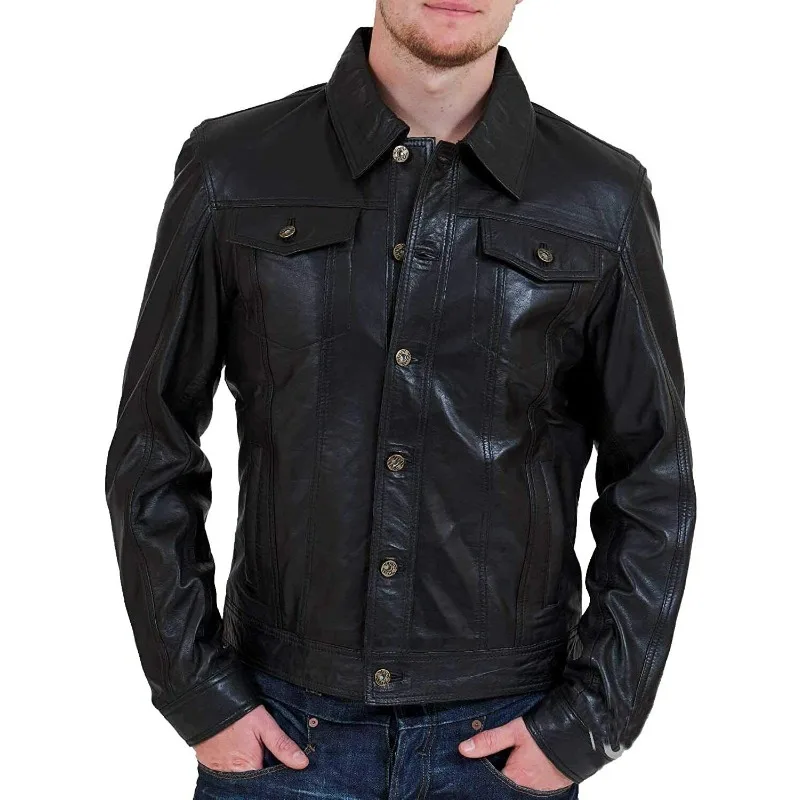 Men's Lambskin 100% Leather Jacket Biker Soft Black Button Designer Shirt