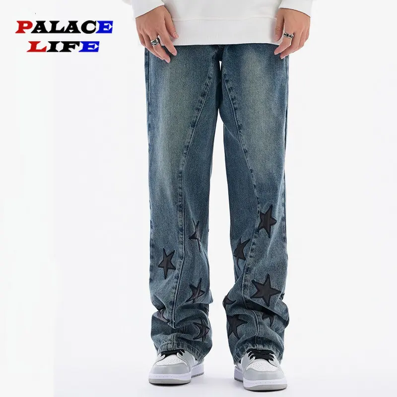 High Street Casual Jeans Mannen En Vrouwen Straight Ster Patch Mode Geborduurde Broek Oversized Casual Denim Broek 2023 Lente