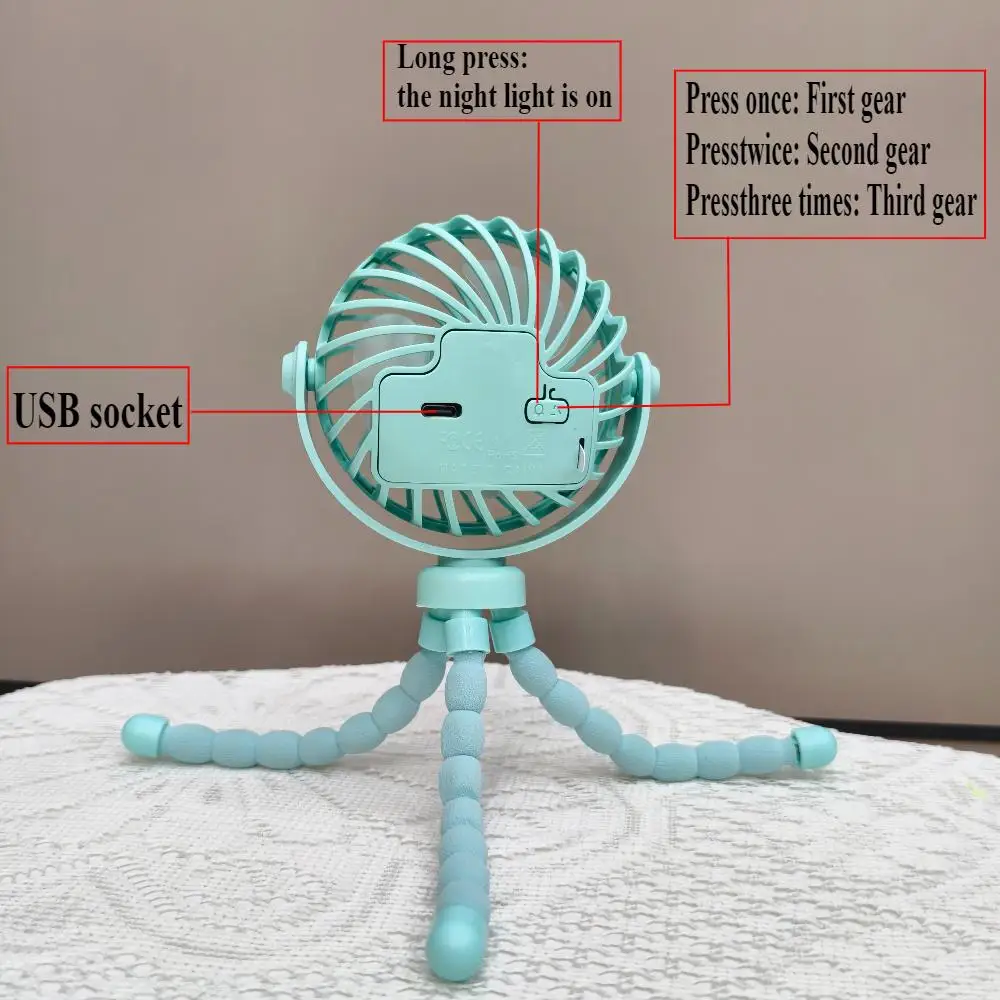 Portable Octopus Tripod Multifunctional Fan, USB Charging Rechargeable Personal Silent Adjustable Mini Handheld Device with 3-Speed Adjustment, 360° Rotatable Battery-Operated Cooling Tool for Baby Stroller, Camping (Sports & Outdoor Cooler Accessory)