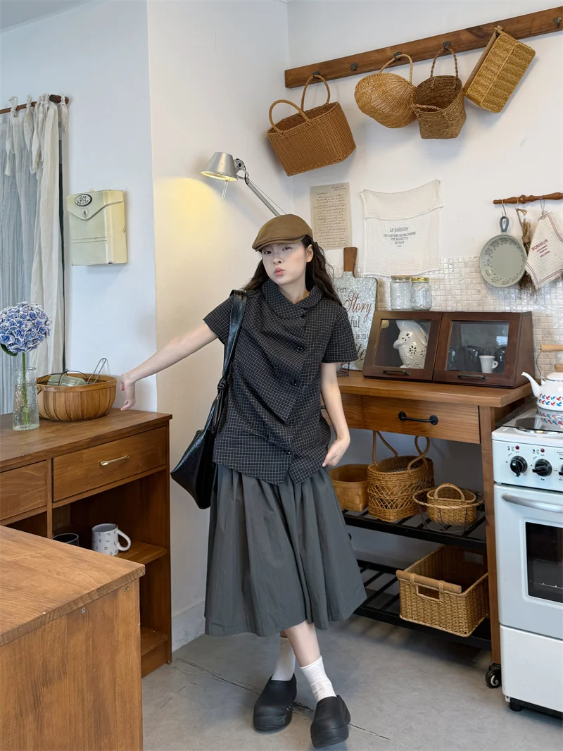

Casual Plaid Short Sleeve Shirt And High Waist Wide Leg Pants Two Piece Set Women's Summer Loose Fit Shirt Pants Ensemble