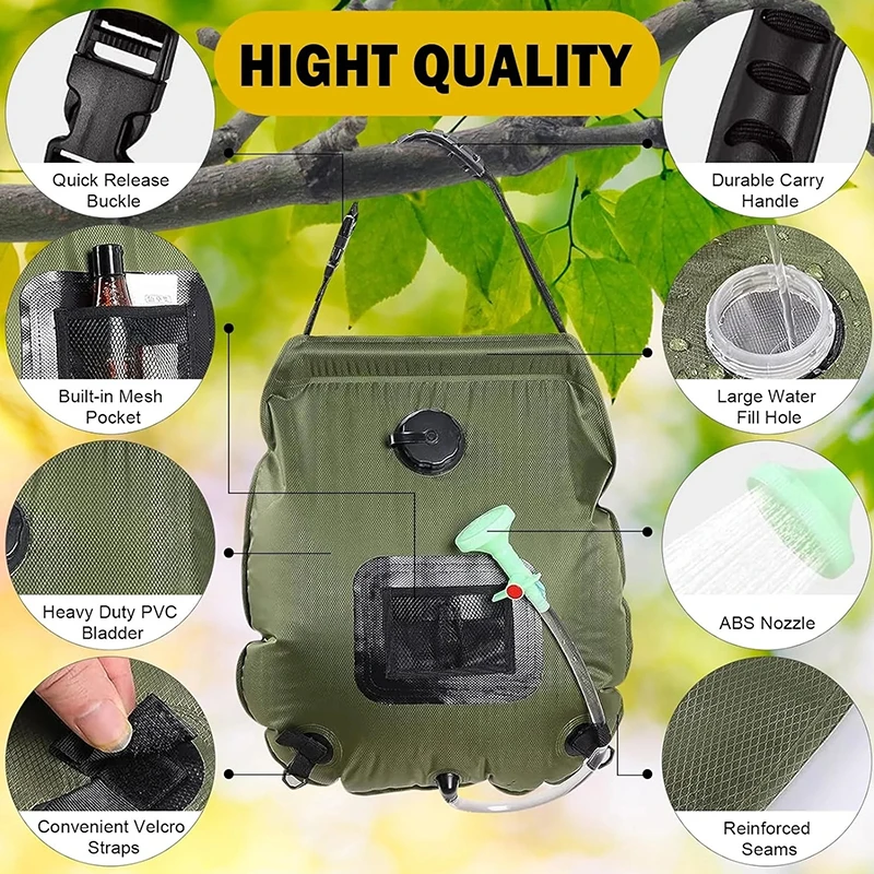 Solar Heating Camping Shower Bag Solar Shower Bag 20L Removable Hose On-Off Switchable Shower Head Portable Shower