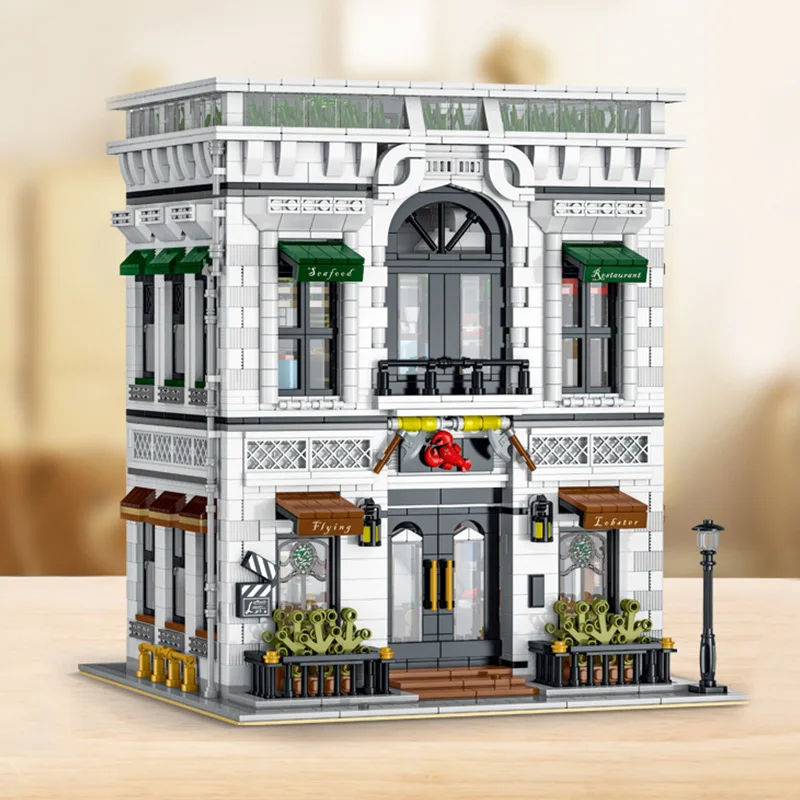 XMork 10203 Seafood Restaurant Model Modular Street View Series Adultes DIY Toys Building Blocks Boys' Holiday Gifts 3846Pcs