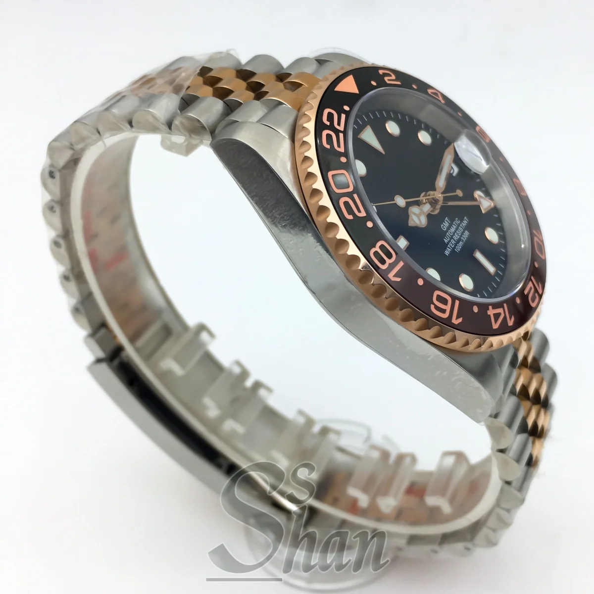 40mm rose gold men's automatic diving watch with sapphire crystal luminous dial GMT NH34 DG3804 date window water-resistant10ATM