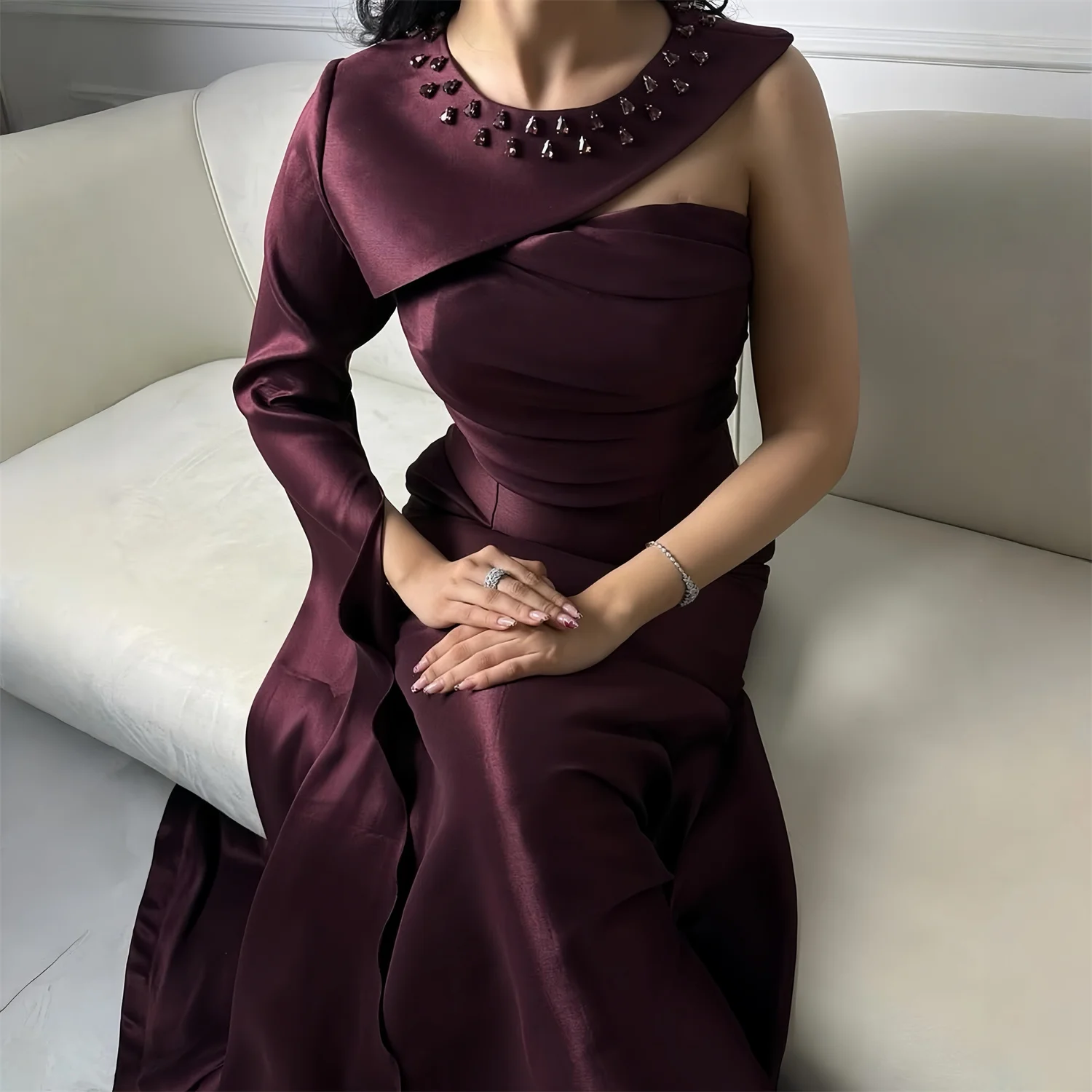 

EDECPBM Beading Evening Dress Women Elegant European Design Burgundy Satin Formal Events Party Customized Robes de Soirée