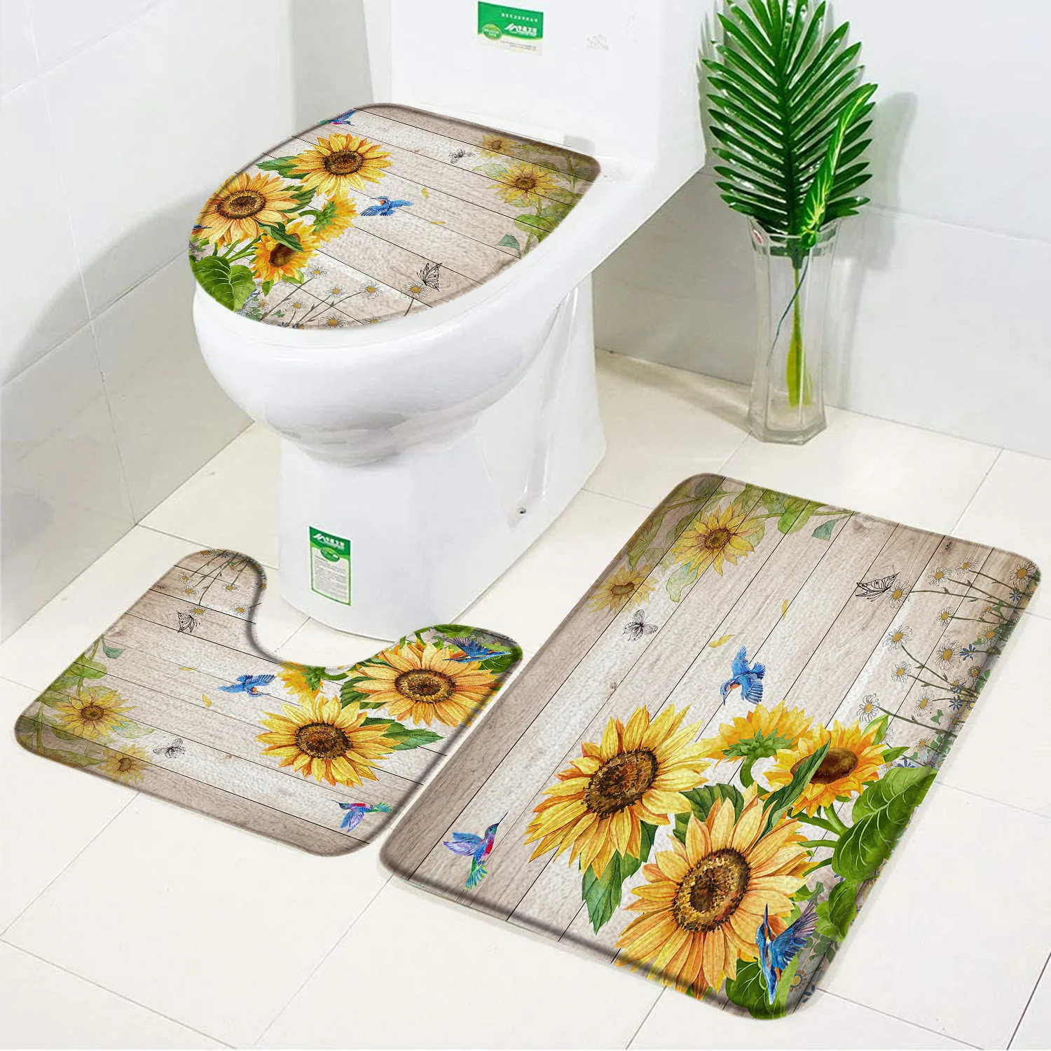 Sunflower Bathroom Rug Set Butterfly Rustic Rustic Wooden Panel Non-Slip Carpet Toilet Cover Bathroom Accessories Bathroom Decor