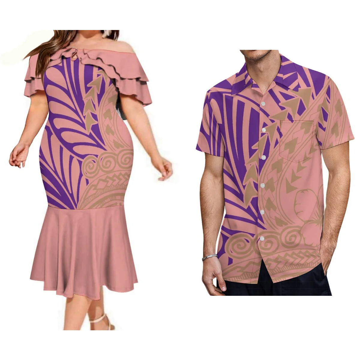 

2024 New Design Women'S Dress Party Fashion Fishtail Skirt And Men'S Aloha Shirt Polynesian Island Design Couple Suit