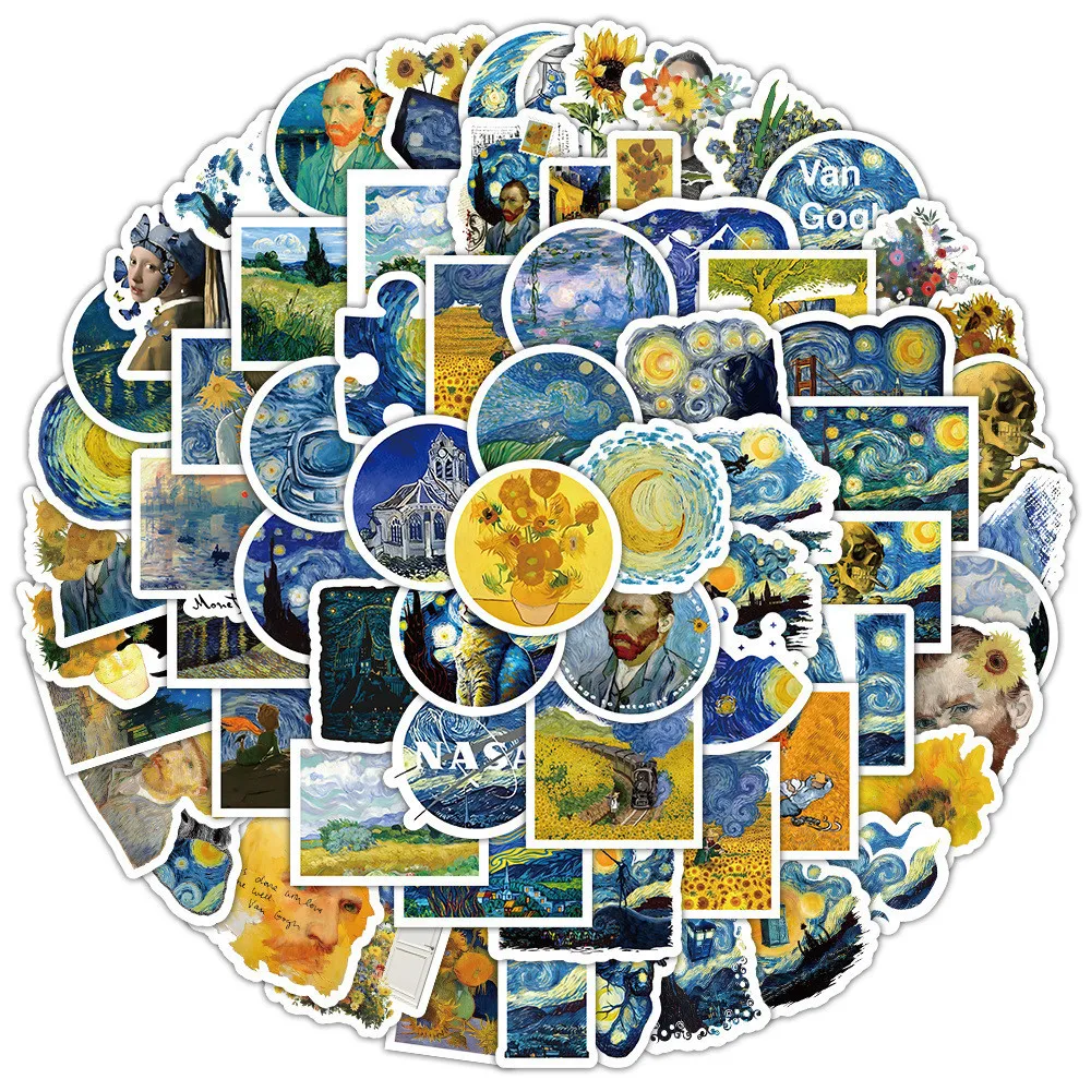 【セール中】100 個ゴッホひまわり油絵防水ステッカー自転車ハンドアカウント鉛筆ケースデカール LanLanStickersWorld