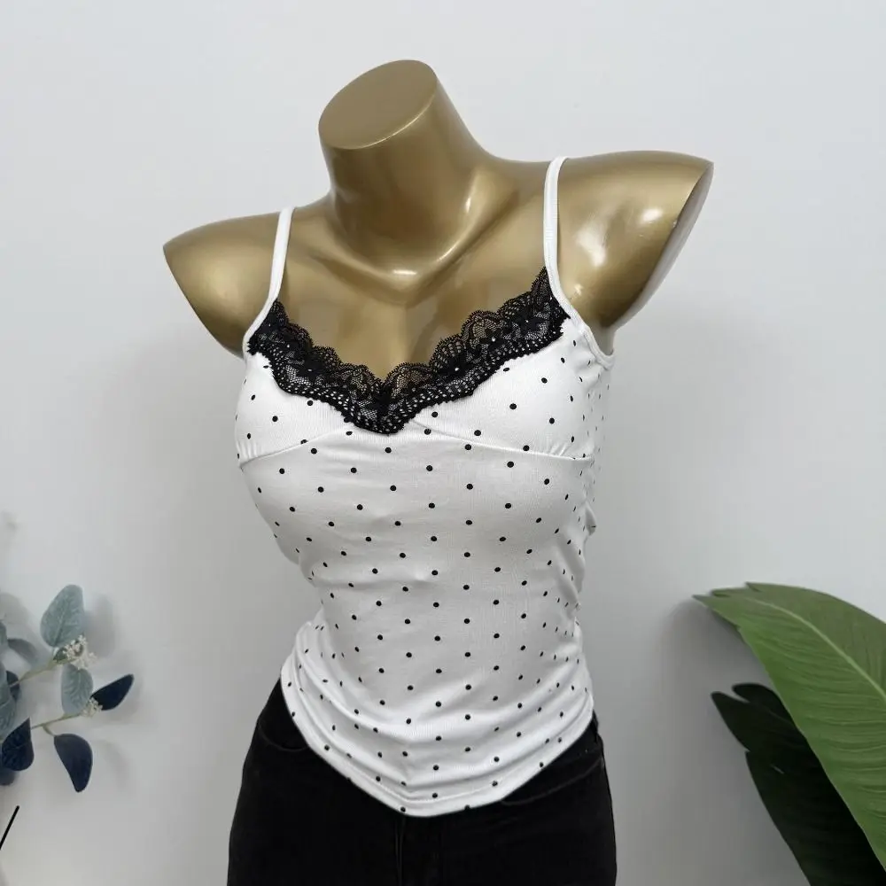 Chaleco de encaje con volantes y puntos, camiseta sin mangas, camisola con almohadillas, estilo picante para niña, Top corto ajustado sin mangas Y2K