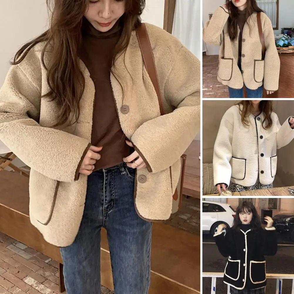 

Женская теплая флисовая куртка-тедди с круглым воротником, короткая плюшевая верхняя одежда, модная уличная одежда для женщин