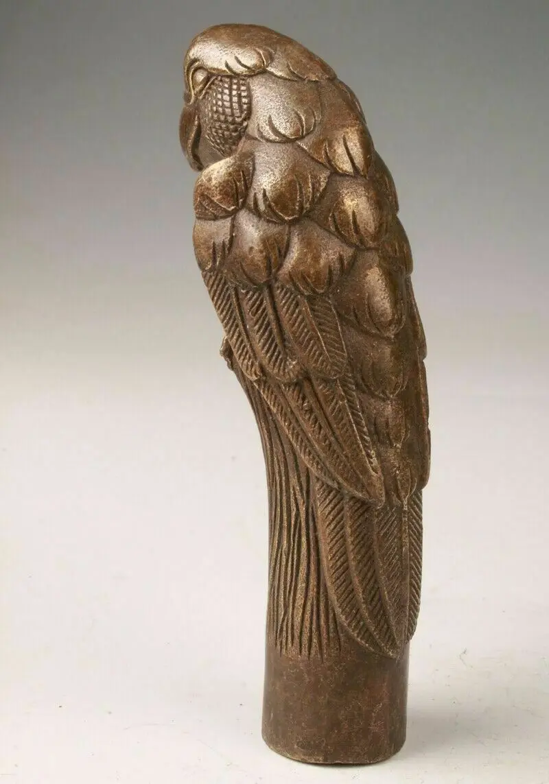 Old Carving Bronze Lifelike eagle Parrot Statue Cane Head Walking Stick Head