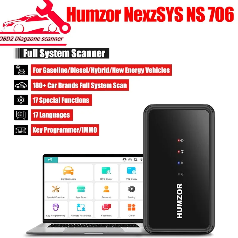 Humzor NexzSYS NS 706 Full System OBD2 scanner OBD Auto Car Diagnostic Tools Oil TPMS SAS 17 Reset services ECU Key programmer