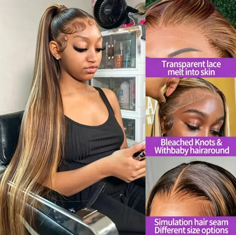 32 40 Inch Highlight Human Hair Wig 360 Full Lace 100% Human Hair Wig Golden Brown Ombre Full Lace Frontal 250% High Density Human Hair Wigs