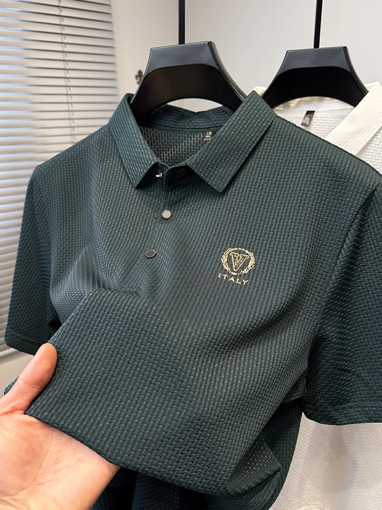 مصمم الراقية العلامة التجارية قصيرة الأكمام قميص بولو الرجال الصيف عالية الجودة الحرير الجليد مريحة للتنفس عارضة التلبيب تي شيرت #3