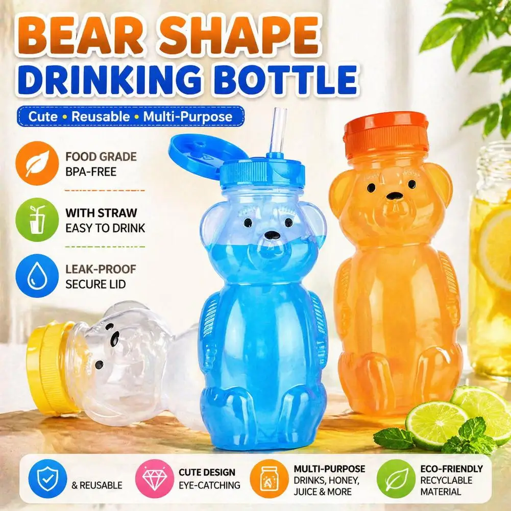 230ml Transparent PE Bear Shaped Drink Bottle With Flexible Straw Leakproof Multi Color Cap Food Grade Plastic Container