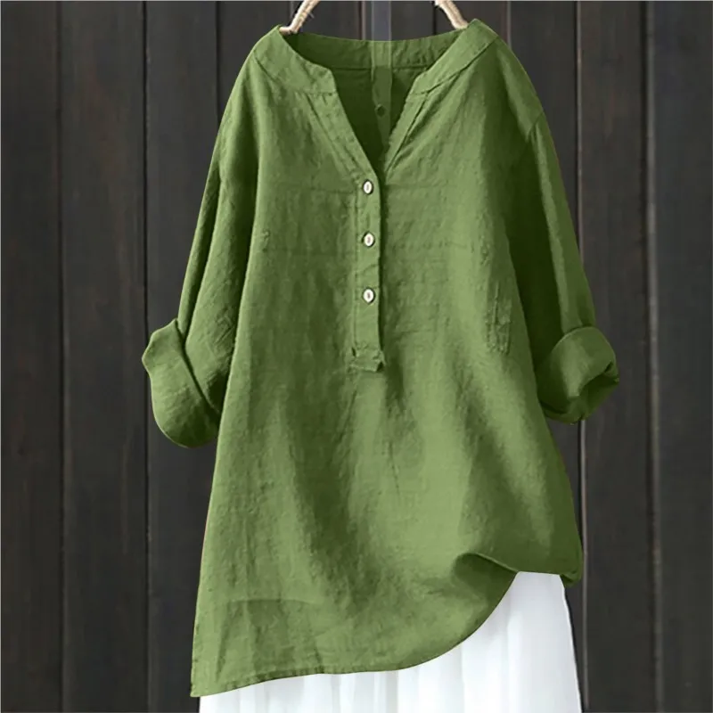 

Simple Style Solid Color Women's V-neck Top Spring Summer Fashion Button Design Long Sleeve Shirt Ladies Casual Office Blouses