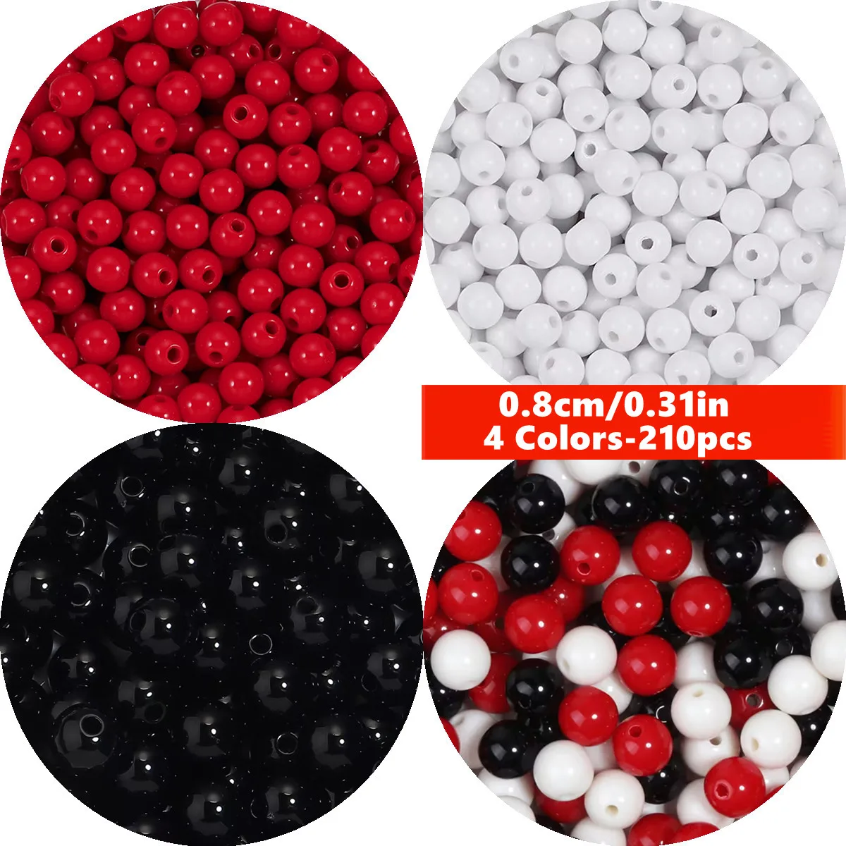 210pcs 8mm 4 Colors Acrylic Round Beads Suitable for Black, White & Red DIY Clothing Making Clothing Tailoring Supplies