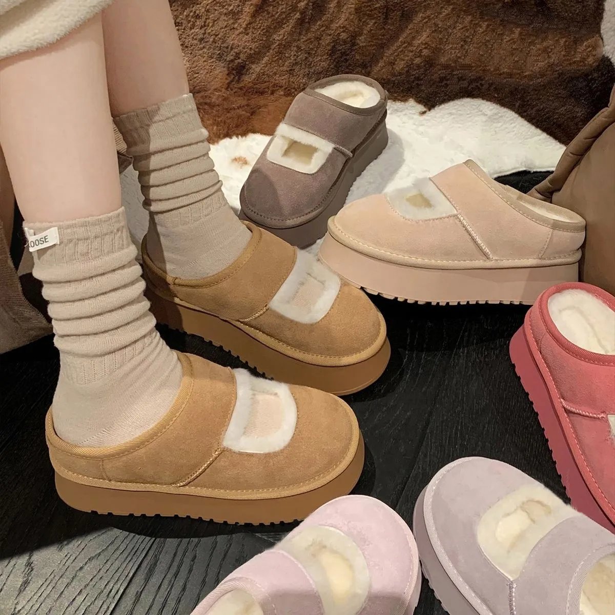 شباشب ماري جين النسائية الجديدة للخريف والشتاء، أحذية كاجوال أنيقة ومريحة من الفرو، أحذية الثلوج الصوفية النسائية #2