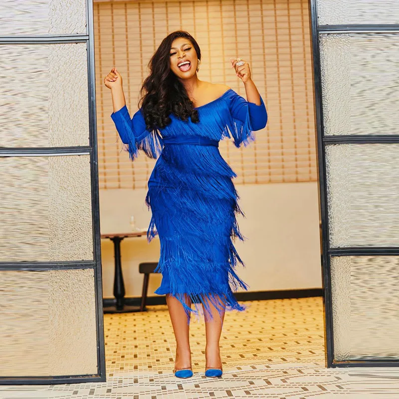 

Royal blue prom dress tassel cocktail dress long sleeve evening dress custom birthday party dress