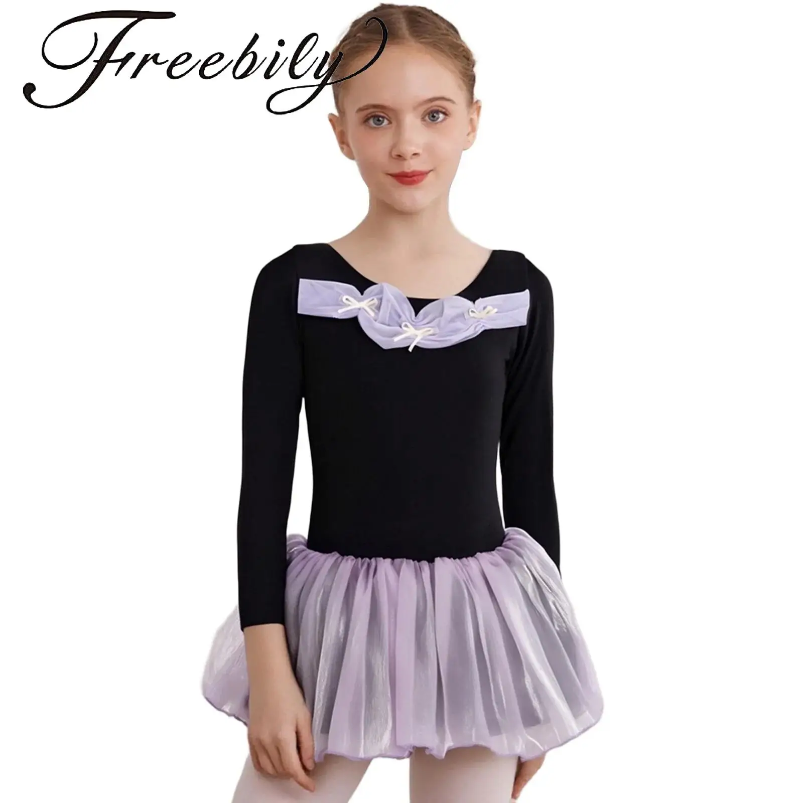 

Kids Girls Cute Bowknots Ballet Dress Ruched Ballet Dresses Long Sleeve Tulle Tutu Dance Dress for Stage Performance Competition
