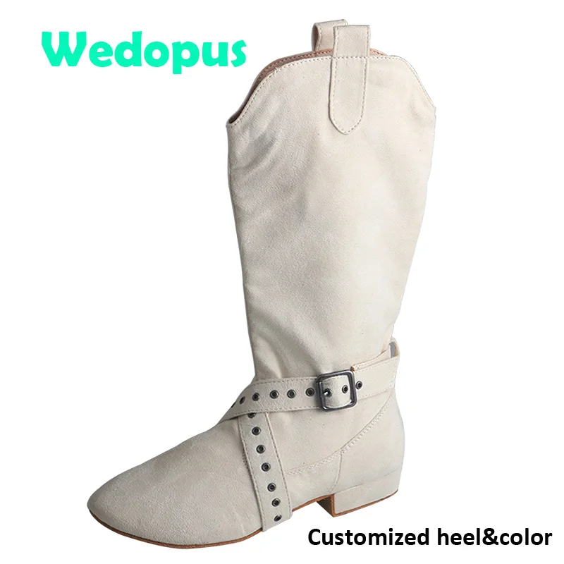 

Wedopus Customized Urban Heel Women's Line Dance Boots Manufacture Off white Warming Boots for Dancing Suede Sole