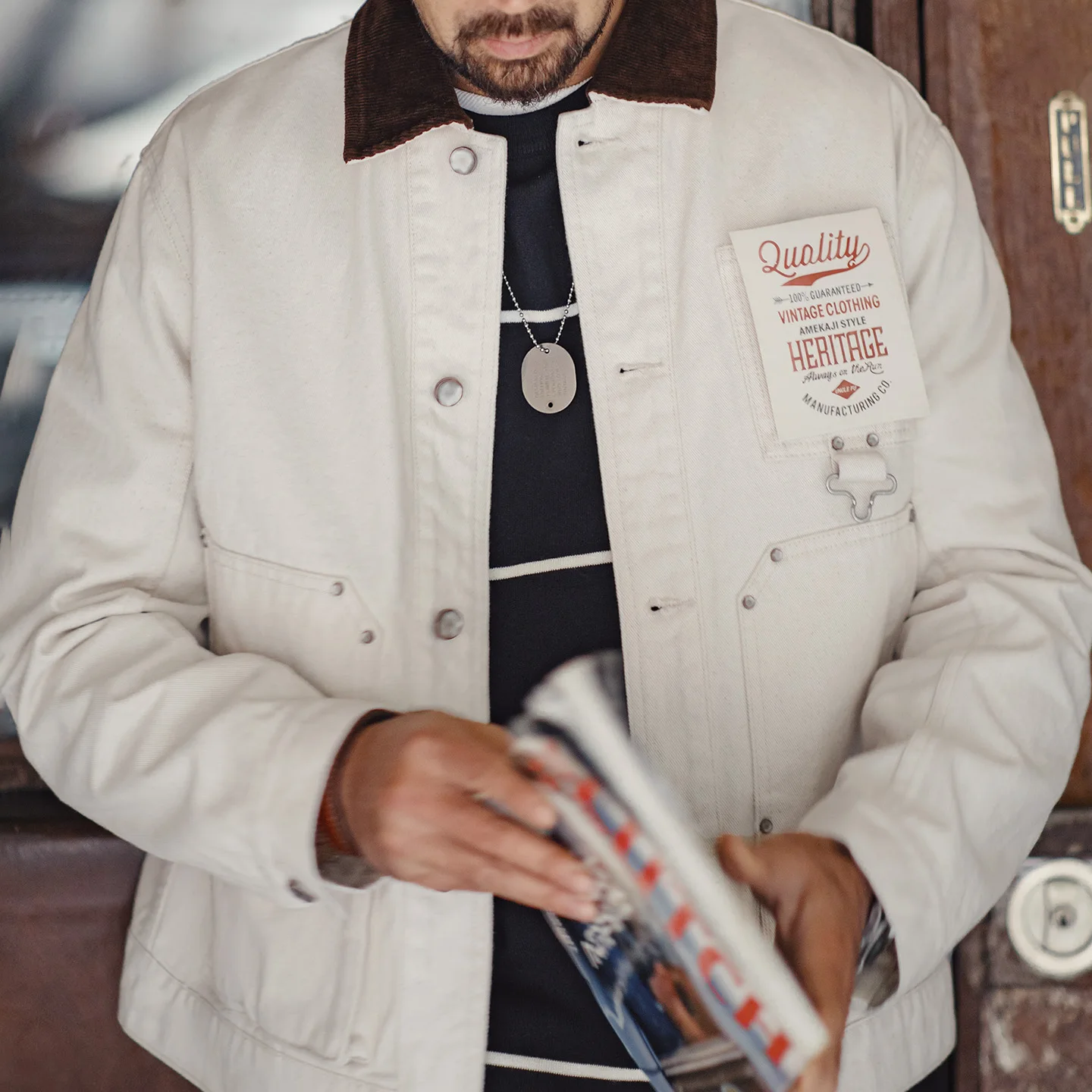 

Maden Men's Retro French J22 Jacket Heavyweight White Cottonseed Shell Safari Coat Corduroy Collar Spring/Fall Hunting Outerwear