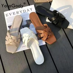 YATAGODY Size 35-43 Women Flats Slippers Soft Low Heels Slides Shoes Casual Home House Dress Outdoor Strap Woven Beach Holiday