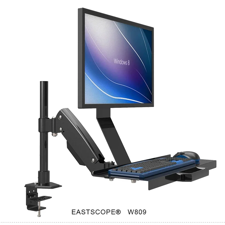 Desktop Mount Full Motion Erogonomic Sit Stand Computer Monitor Holder +Keyboard Holder Gas Spring Arm Mount Bracket W809