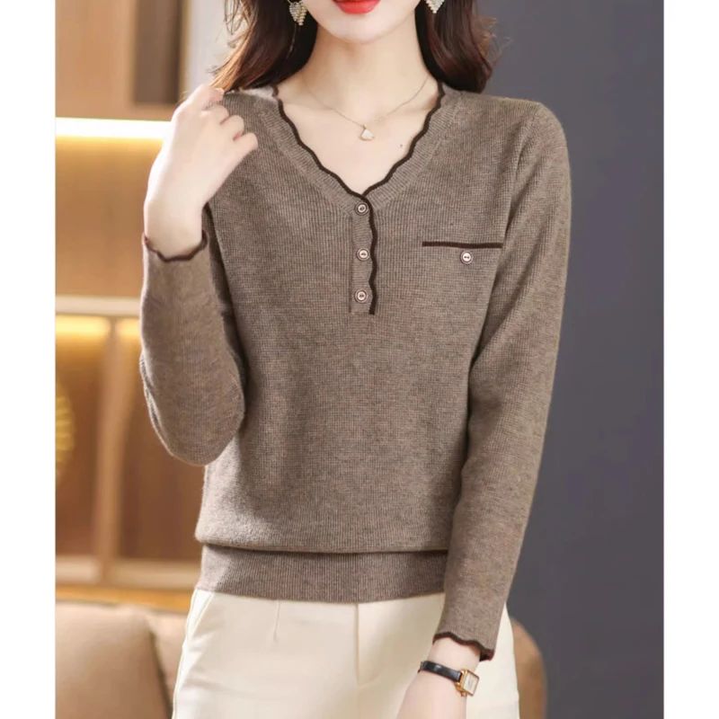 New Autumn and Winter Women Korean Fashion Elegant Knitted Sweater Female V-neck Slim Solid Long Sleeve Knitwear Pullover Jumper