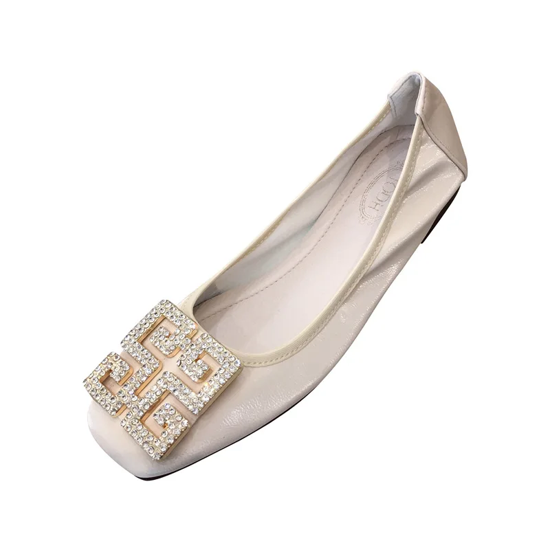 Rhinestone Single Shoes Women Flat Autumn Square Head Shallow Shoes Women Size 4.5-9.5 Flat Loafers Ladies Shoes