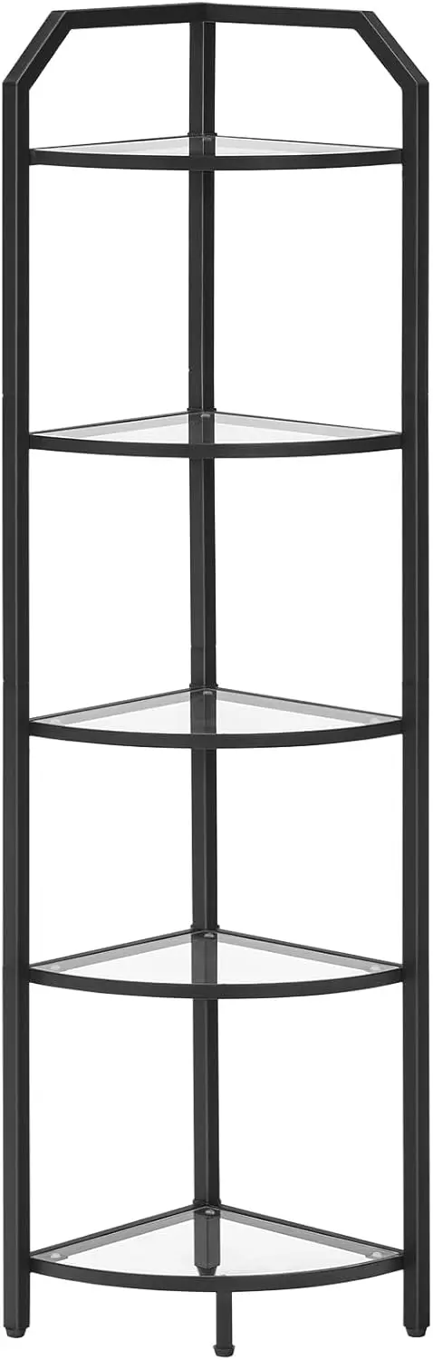

5-Tier Corner Shelf with Tempered Glass, Modern Black Organizer for Living Room, Study, Balcony
