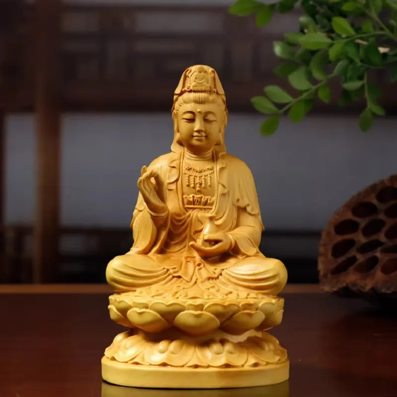 Guanyin on Lotus with Vase & Mudra - Boxwood Carving of Compassionate Gaze, Sacred Protector Sculpture for Serene Home Altar