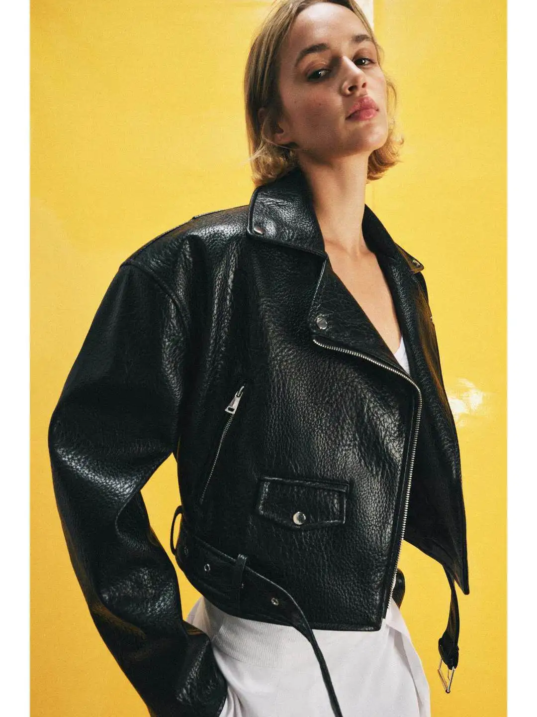 Summer Double-breasted Zipper Closure Shoulder Pad Leather Effect Long Sleeve Jacket Coat PU Leather Short Length Flip Collar