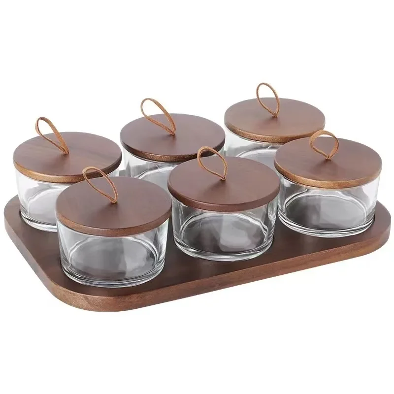 

#Light luxury retro new Chinese living room snack plate with lid candy jar wooden glass grid fruit plate snack plate