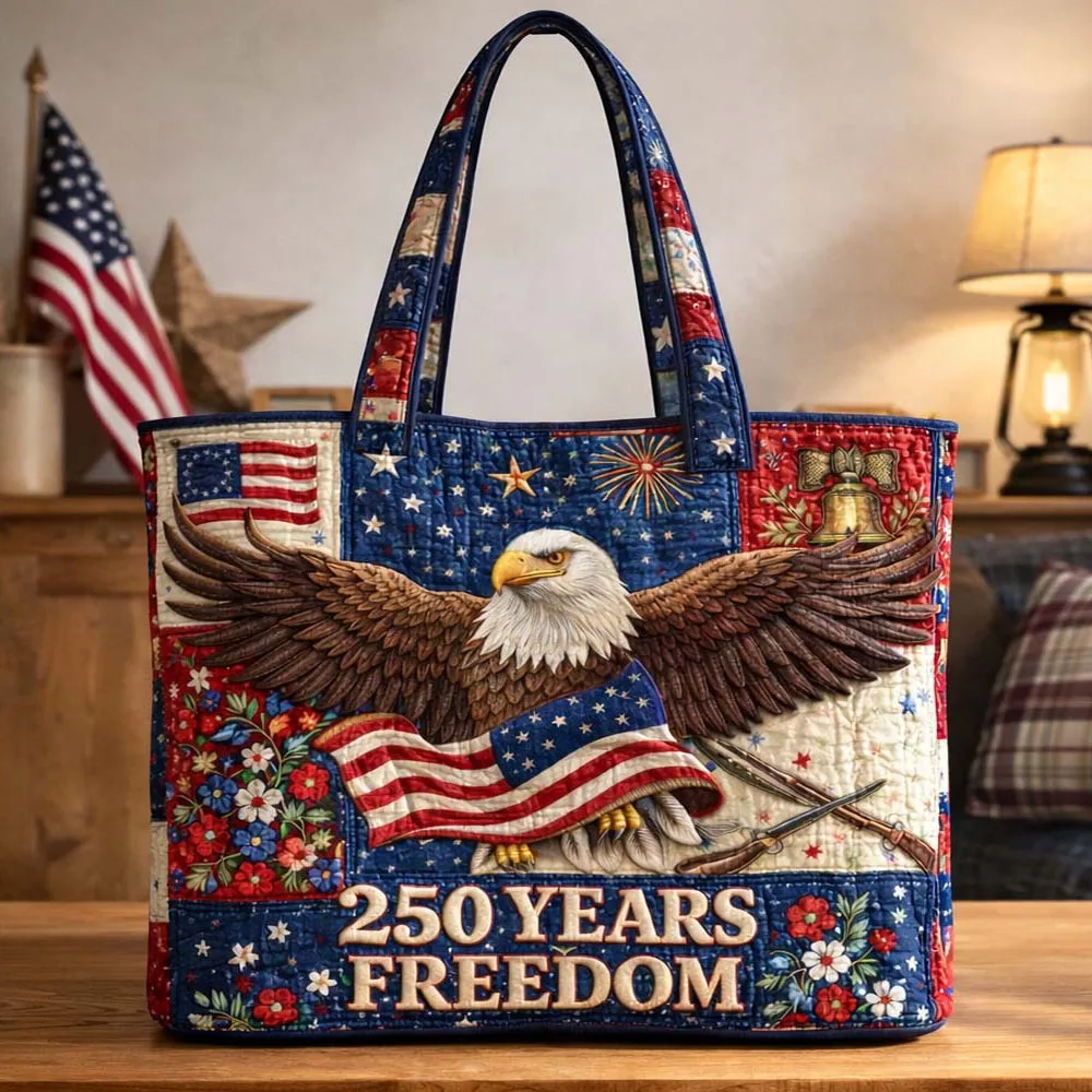 USA Flag Floral Print Quilted Tote America 250 Years Patriotic Shoulder Bag Women Daily Handbag For Shopping