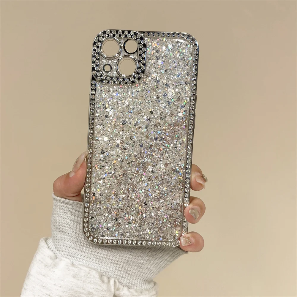 Shiny Rhinestone Shockproof Frame Phone Case For iPhone 16 13 14 15 12 Pro Max 11 Plating Lens Protection Glitter Sequins Cover