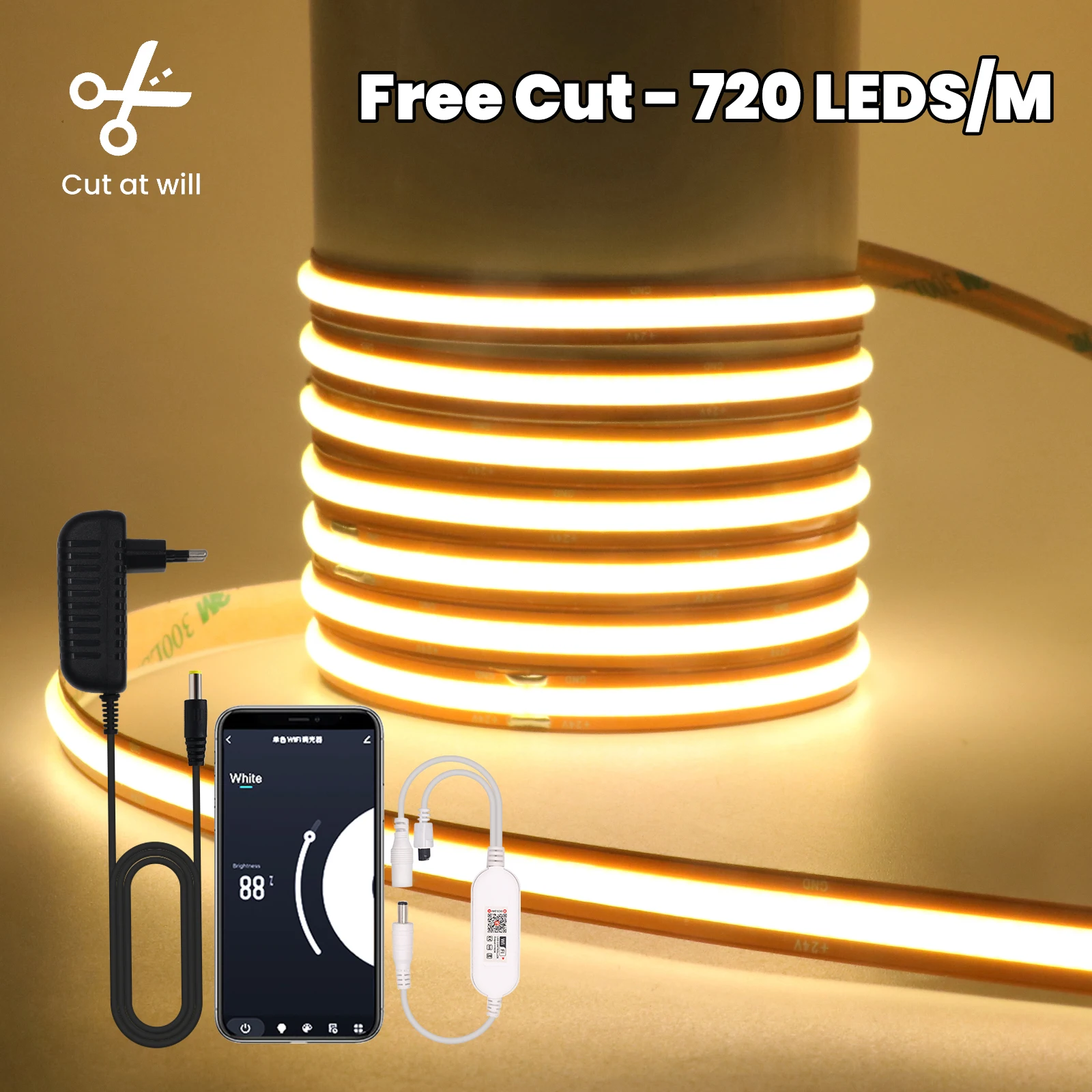 Free Cut COB Strip High Bright 720LEDS/M 3000K 4000K 6000K WIFI/Bluetooth/EU Set Flexible Ribbon LED Strip Light For Home Decor