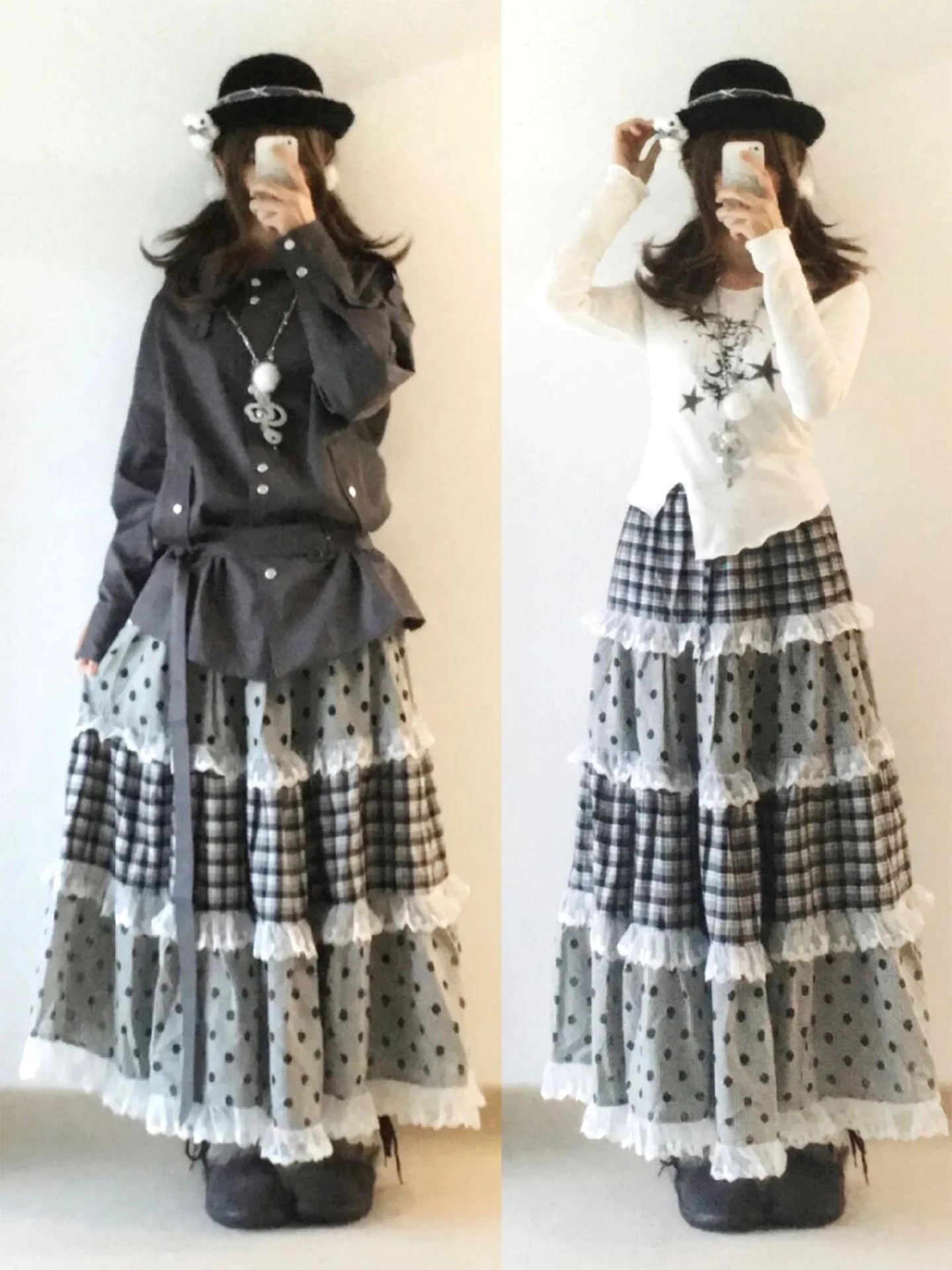 

Retro Floral Lace Plaid Skirt Women's Spring Autumn Winter Sle Japanese Multi-layer Splicing Flared A-line Long Skirt