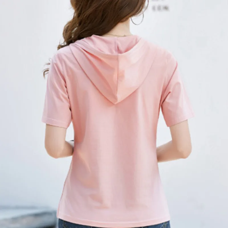 #0233 Blue Grey White Pink Hooded T Shirt Women Zipper Slim Cotton Short T-shirt Female Short Sleeve Women\'s Tee Shirt Summer