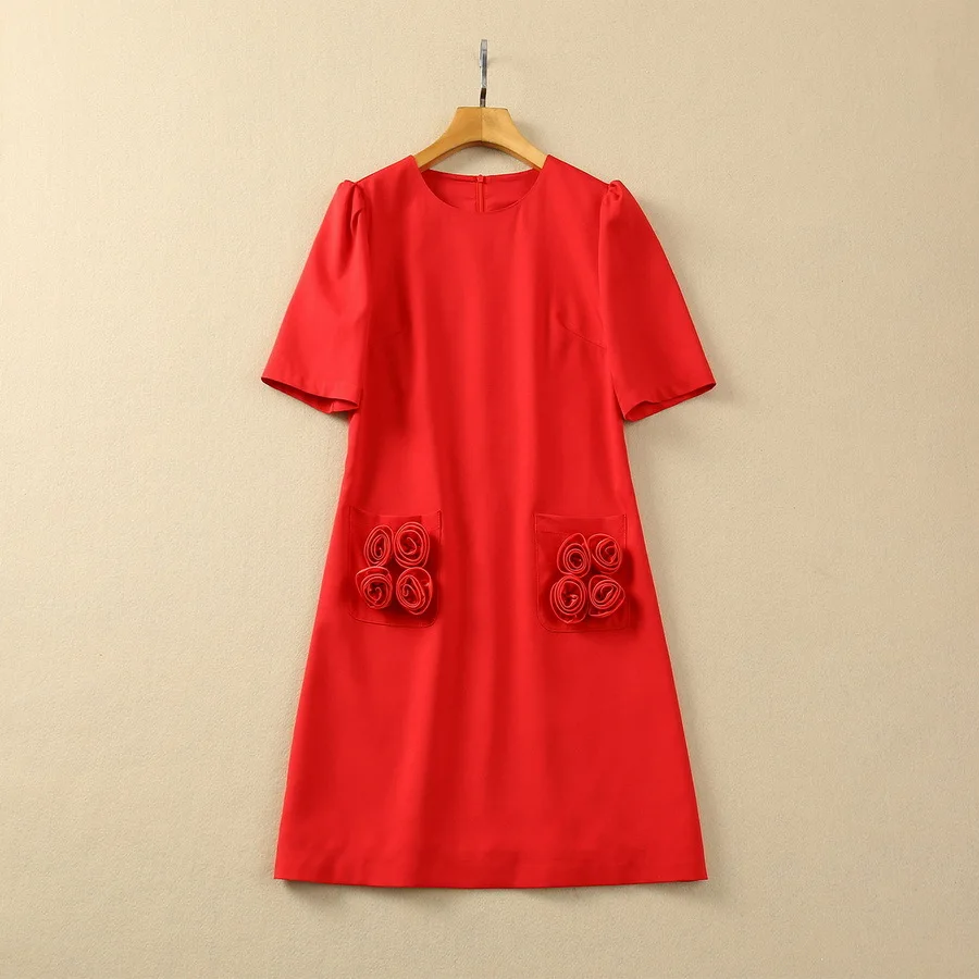 

European and American women's clothes 2024 spring new Round neck Short sleeve flower stand fashion Red dress XXL