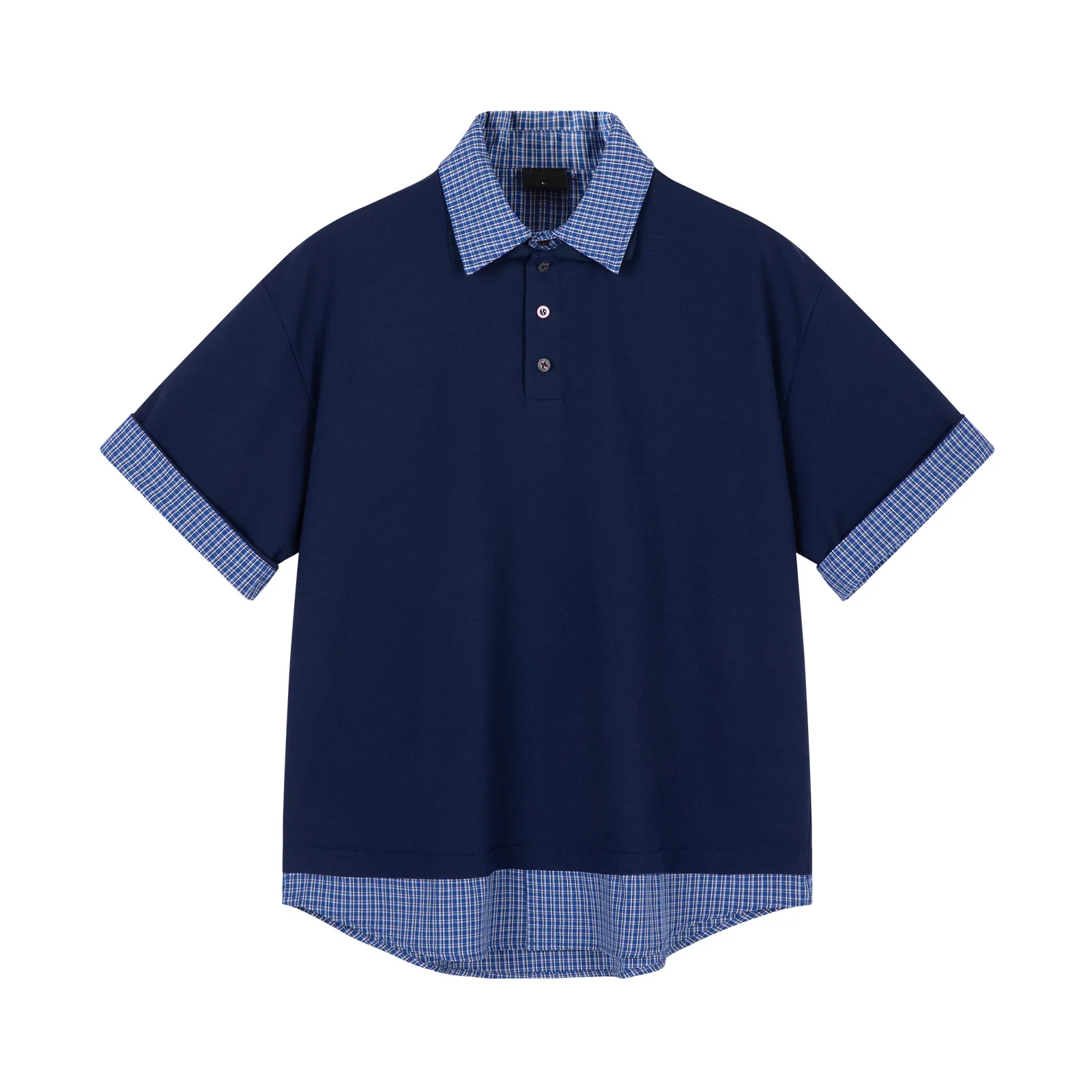 Off Campus Same Style Campus Style Short Sleeves Fake two piece patchwork grid polo collar short sleeved shirt