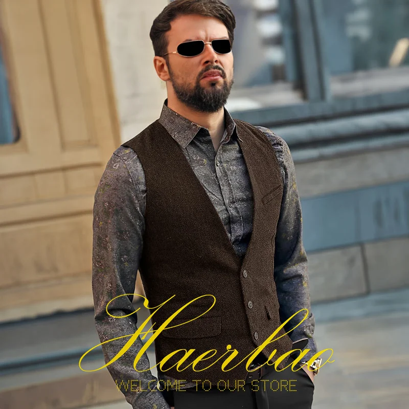 Khaki Men's Vest Suit Trendy Herringbone Sleeveless Jacket Vintage Steampunk Men's Waistcoat chaleco hombre