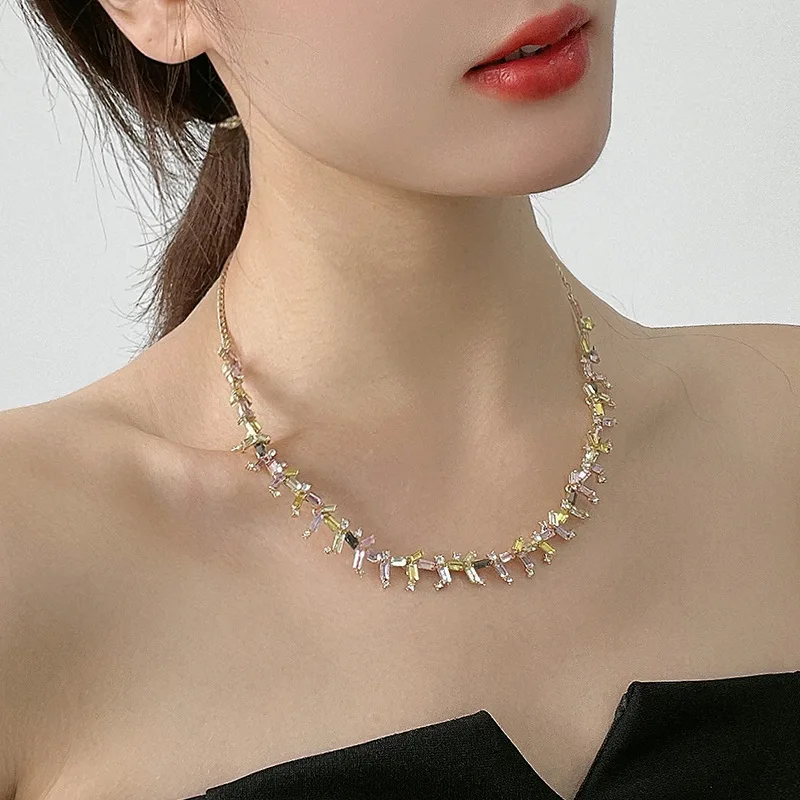 KJ ins Mixed Color Ladder Baguette Combination Female Zircon Abstract Geometric Star Necklace Ring