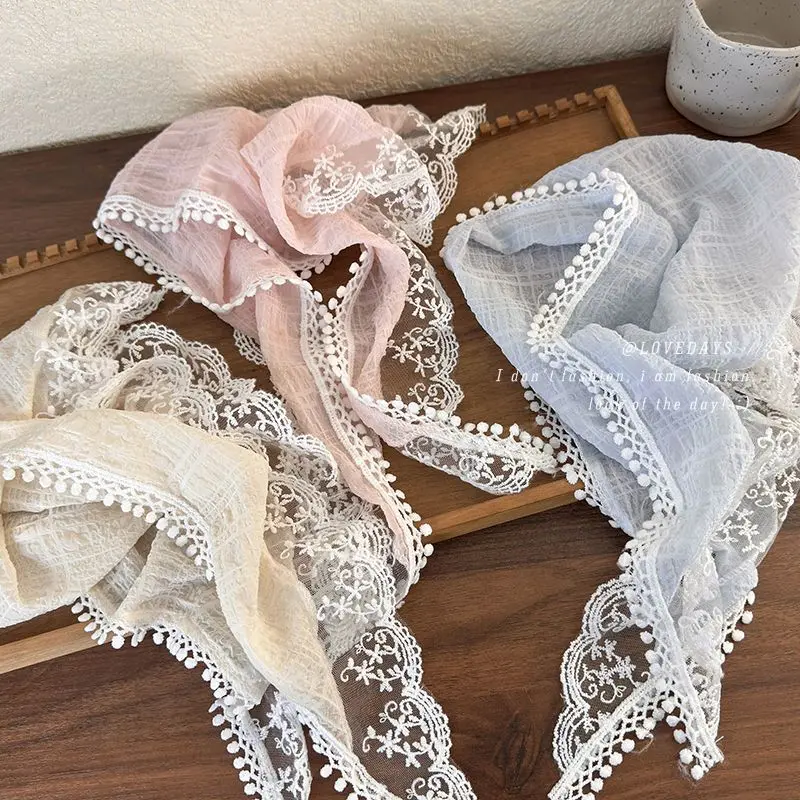 2024 Spring Summer New Retro Lace Bandana Headband Women's Triangle Headscarf Hair Band Girl Fashion Flower Silk Scarf Streamers