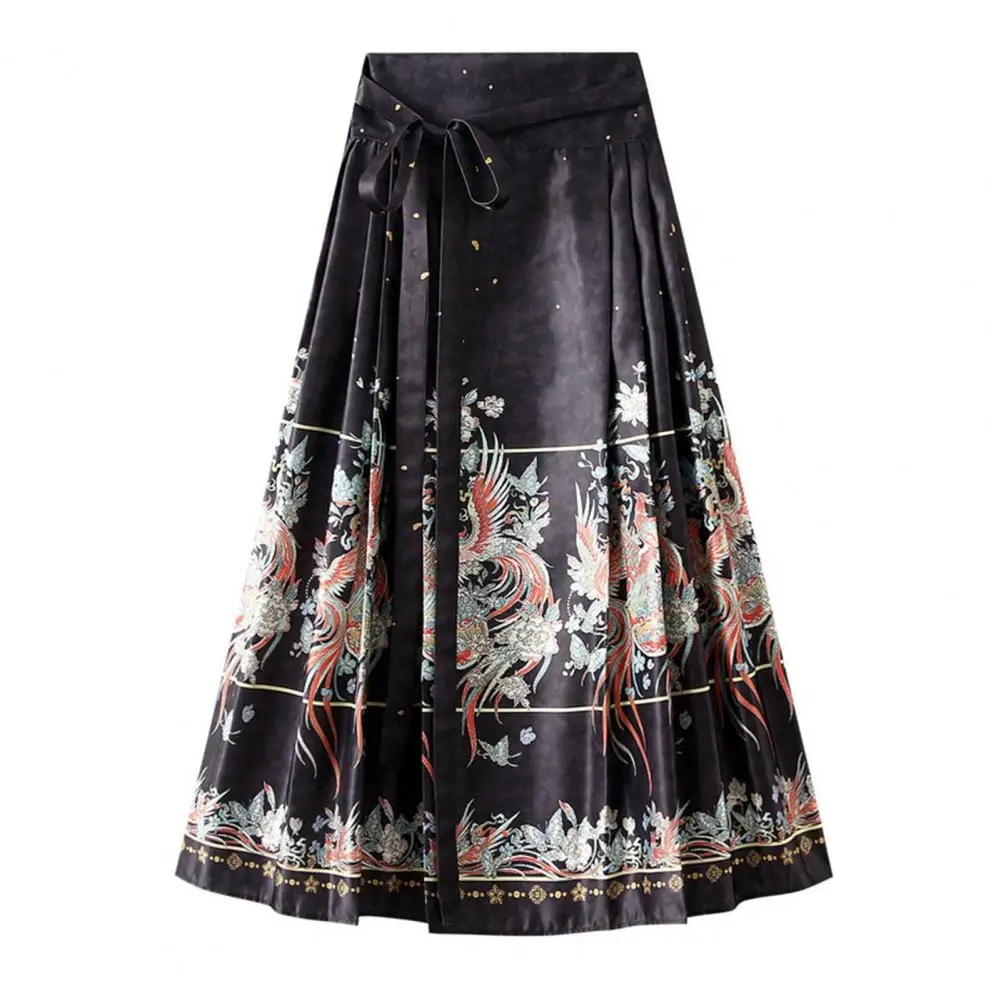 Breathable Skirt Elegant Vintage Chinese Style Women's Maxi Skirt with Phoenix Print High Waist Hanfu Pleated Lace-up for Women