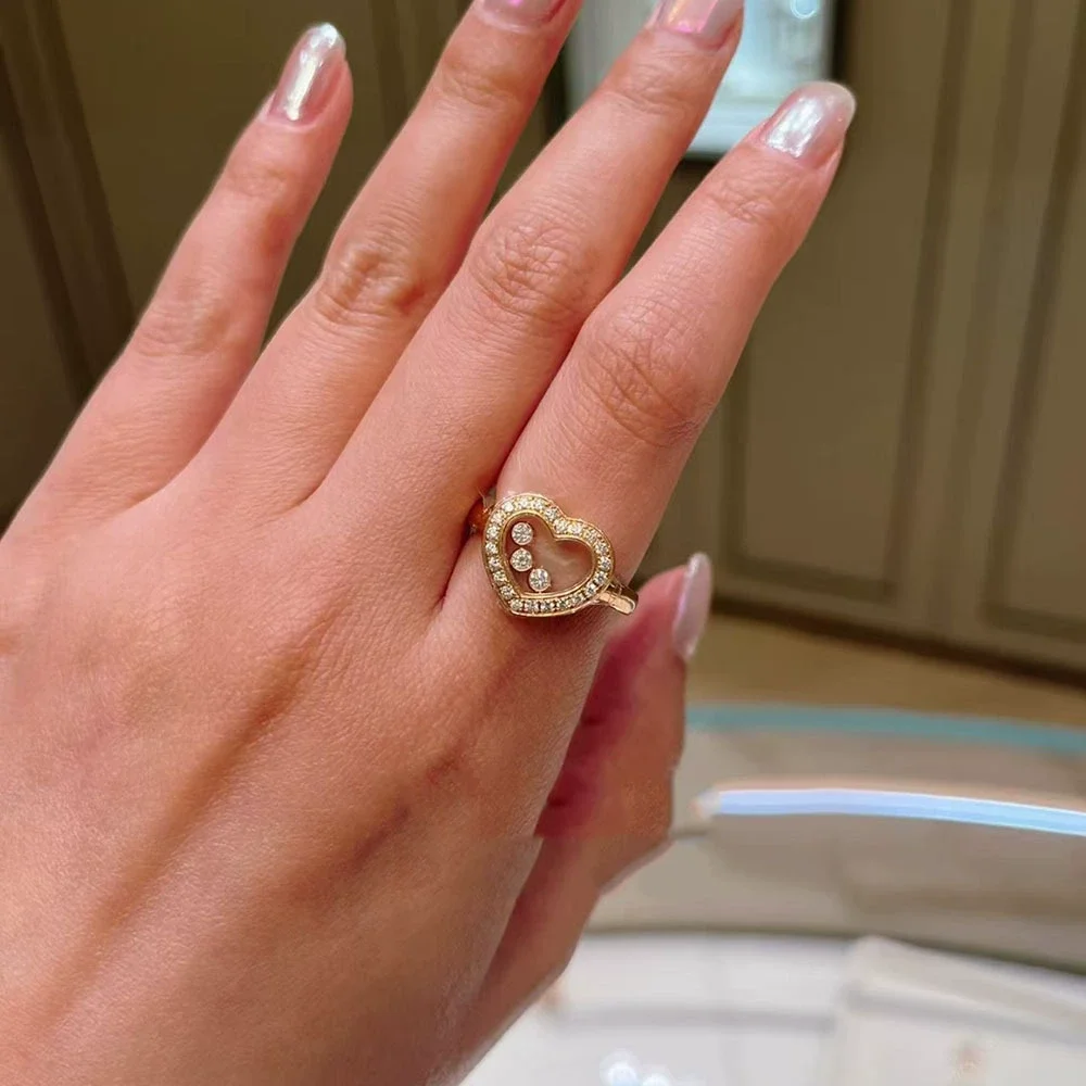 High-Quality Gold Color Full Zircon Happy Party Removable 3 Stone Heart Rings for Women Fashion Jewelry Gifts