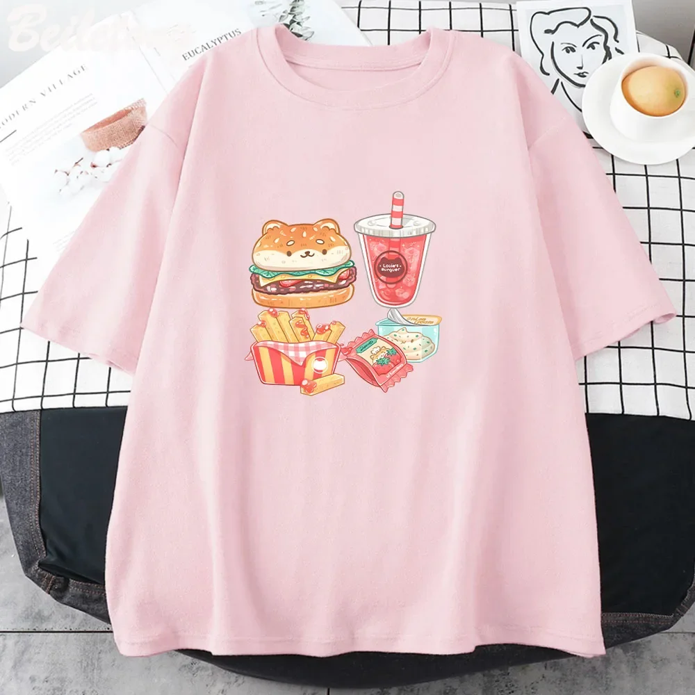 Shiba Combo Burger Classic T-Shirt Anime Women Men Pink Cotton Short Sleeve Tee Harajuku O-Neck Summer Tops Gothic Goth Clothes