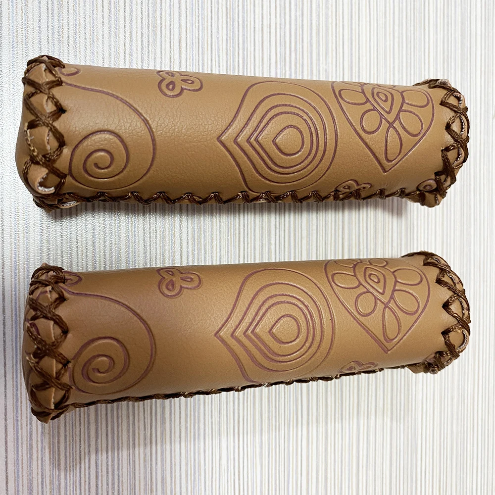 Vintage Brown Handle Grip Fit 22.2mm Handlebar Hand Sewn Retro PU Handle Cover Mountain Bike Grips Bicycle Accessories