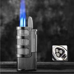 Windproof Butane Gas Lighter, Blue Flame, 3 Torch, Straight Turbo Jet, Cigar Cutter, Men's Gift, Outdoor, New, 2023