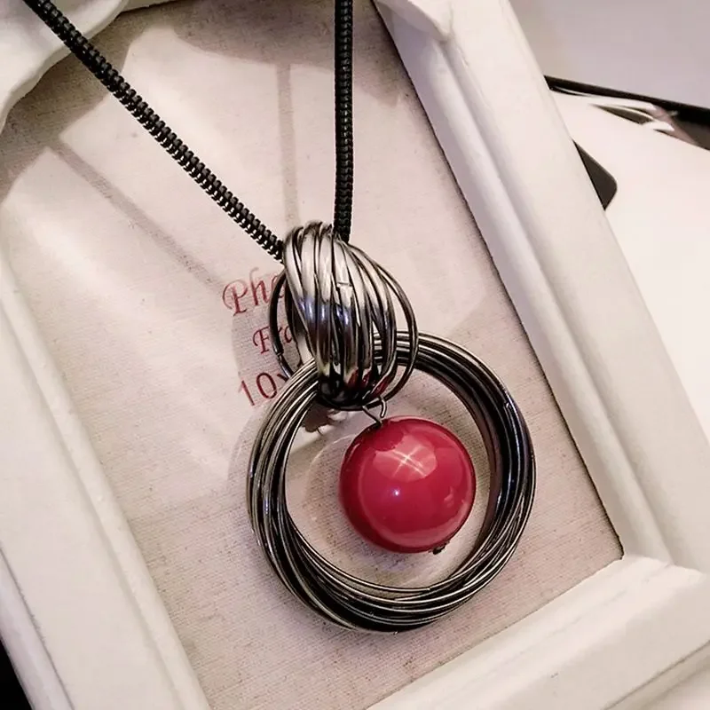 Ocean Red White Pearl Ball Pendant Long Circles Simulated Women Black Chain Necklace Fashion Jewelry Accessories